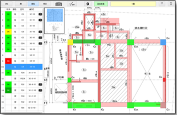 配筋検査支援システムメイン 部位ごとの検査状況 画面